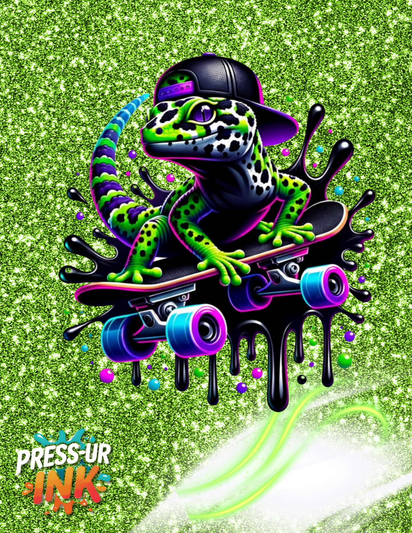 Custom Neon Skateboarding Iguana Graphic T-Shirt