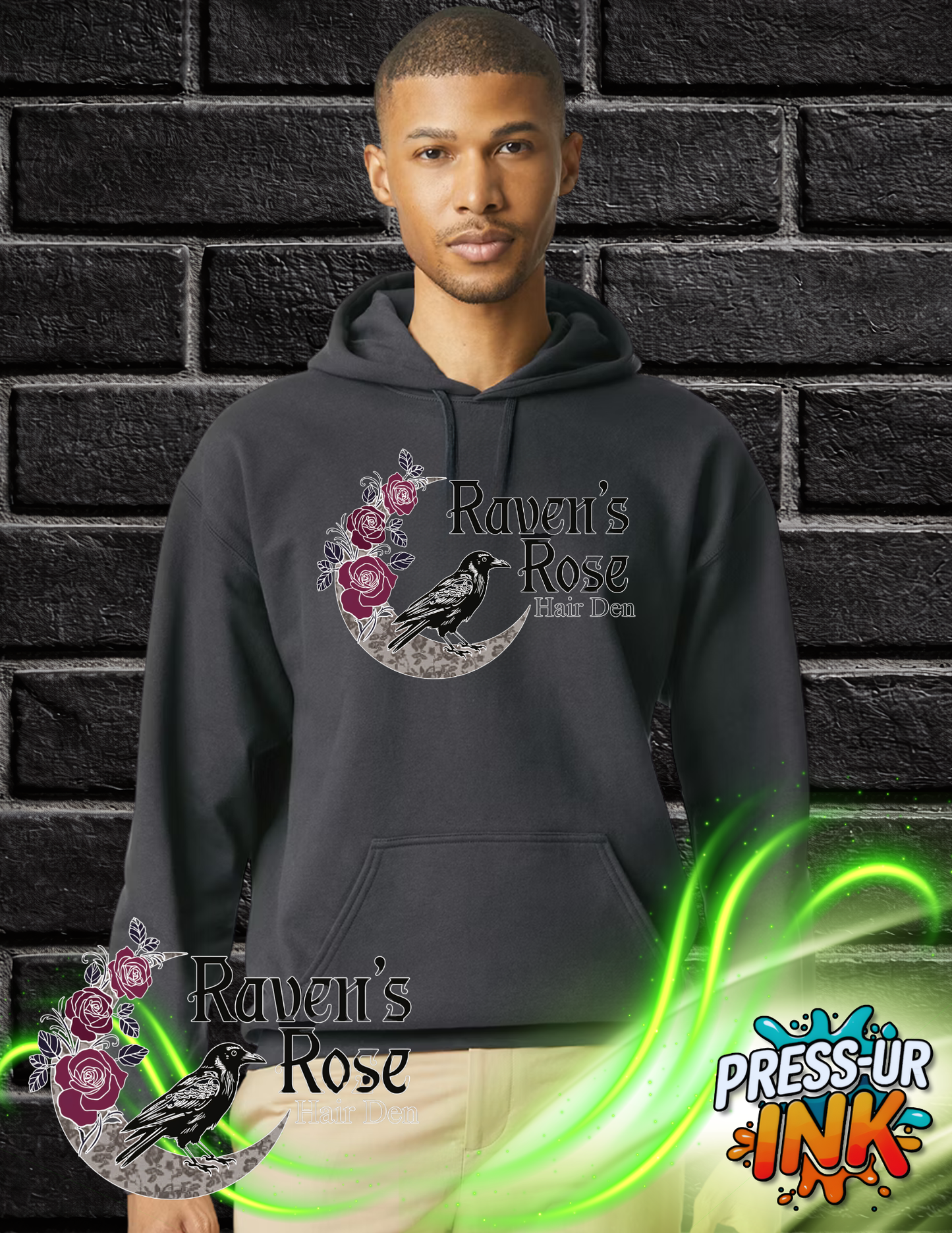 Raven’s Rose Hair Den Logo Hoodie – Premium Cozy Salon Hoodie, Unisex Heavy Blend Pullover