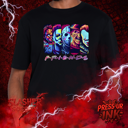 🔪🌈 Slasher Society “Neon Crew” Tee – Horror Friends Shirt