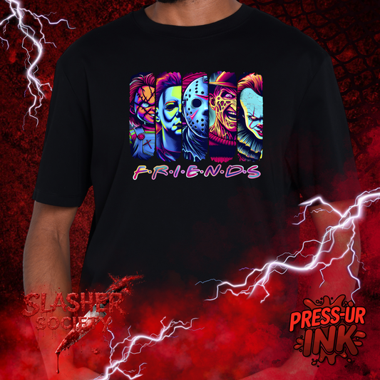 🔪🌈 Slasher Society “Neon Crew” Tee – Horror Friends Shirt