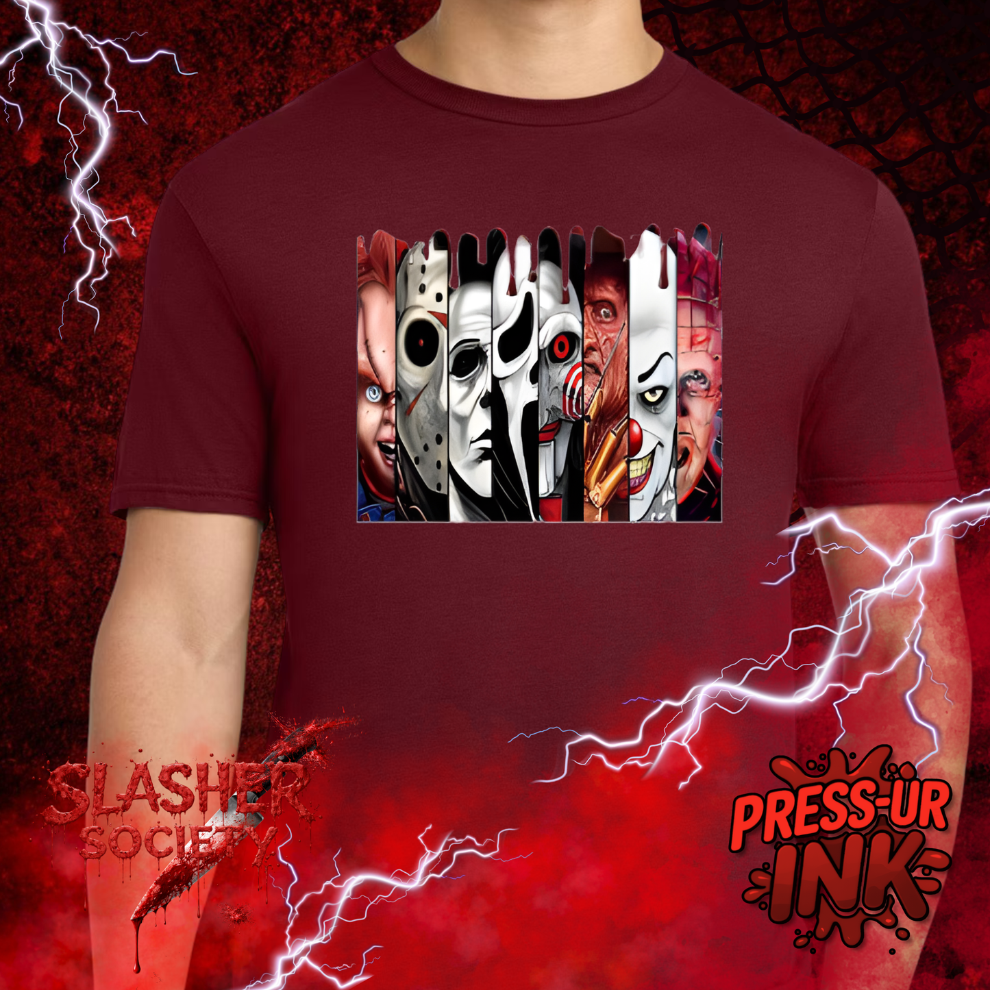 🔪🩸 Slasher Society “Drip Lineup” Tee – Horror Icons Graphic Shirt