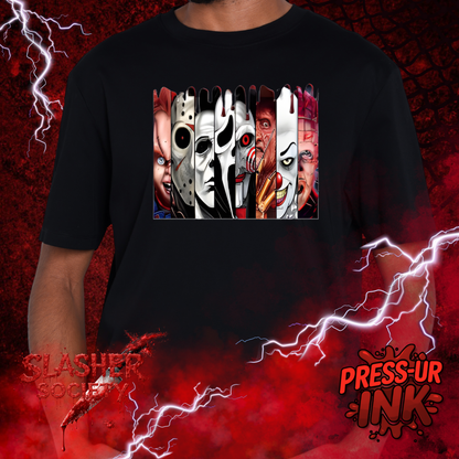 🔪🩸 Slasher Society “Drip Lineup” Tee – Horror Icons Graphic Shirt