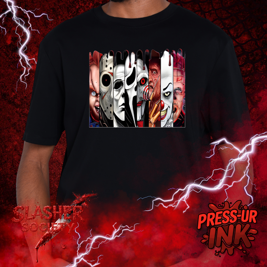 🔪🩸 Slasher Society “Drip Lineup” Tee – Horror Icons Graphic Shirt