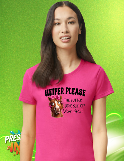 Heifer Please Funny Horse T-Shirt – Country Humor Graphic Tee, Southern Saying Shirt, Cute Cow with Bow Tee