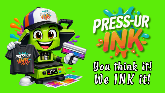 Robotic Heat Press Mascot with 'Press-Ur Ink' graphics on a green background
