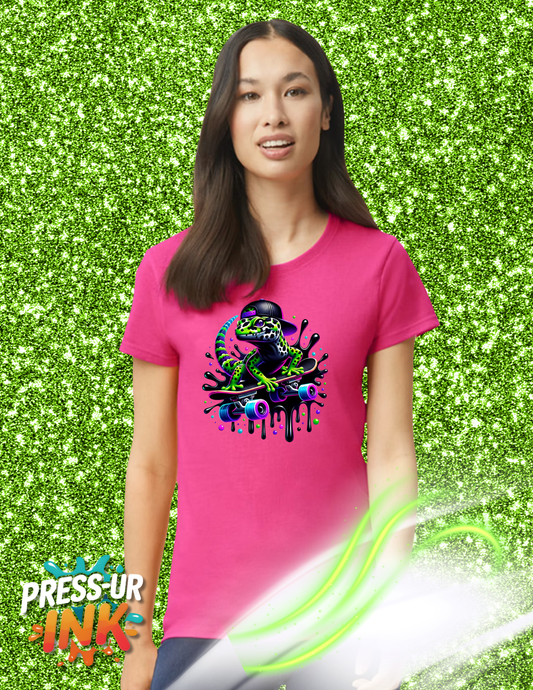 Custom Neon Skateboarding Iguana Graphic T-Shirt