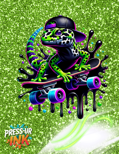 Custom Neon Skateboarding Iguana Graphic T-Shirt