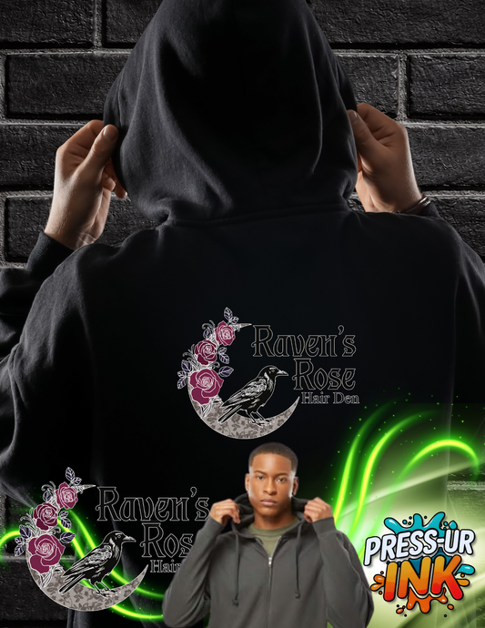 Raven’s Rose Hair Den Logo Zip-Up Hoodie – Premium Full Zip Salon Hoodie, Unisex Fleece Jacket